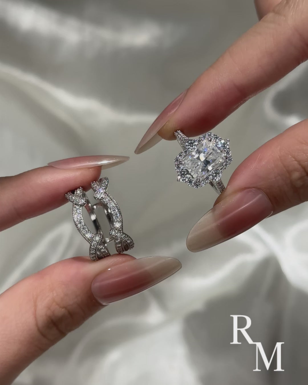 Moissanite 3.0Ct White Gold Halo Radiant Cut Stack Wedding Ring with Enhancer Wedding Band