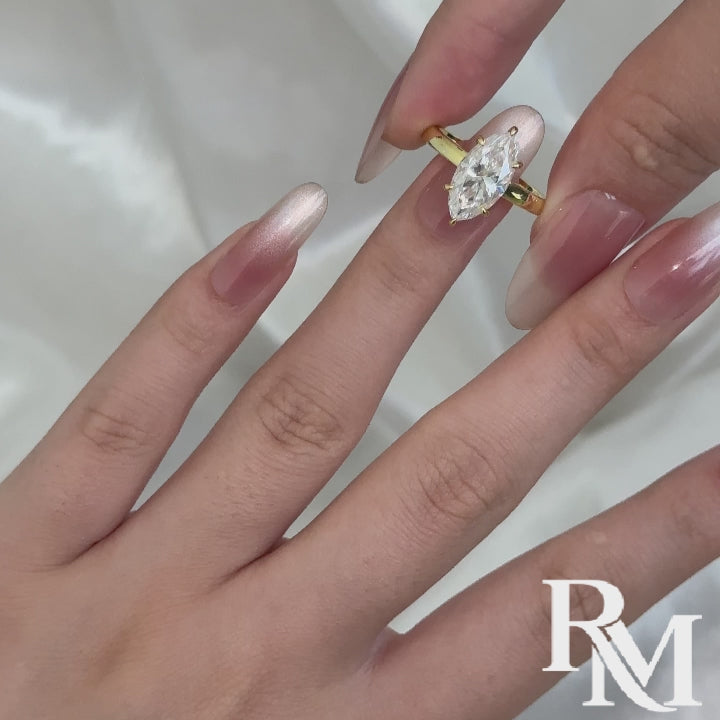 S925 Moissanite Solitaire 3.0Ct Marquise Cut Yellow Gold Engagement Ring
