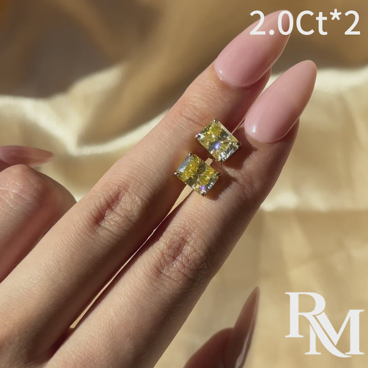 Moissanite 2.0Ct*2 Lemon Yellow Radiant Cut Stud Earrings