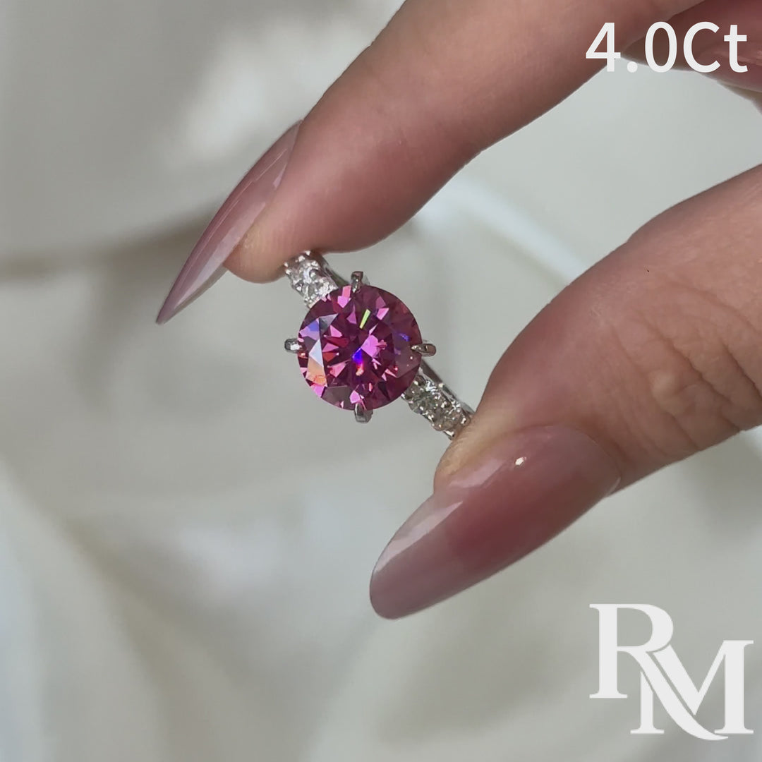 Moissanite 2.0~4.0Ct Pink Round Cut Hidden Halo Everyday Wearable Ring With Sparkling Side Stones