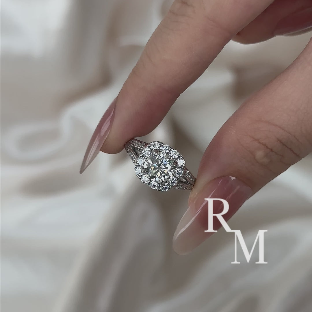 Moissanite 1.2Ct Halo Round Cut Split Shank White Gold Promise Ring For Women