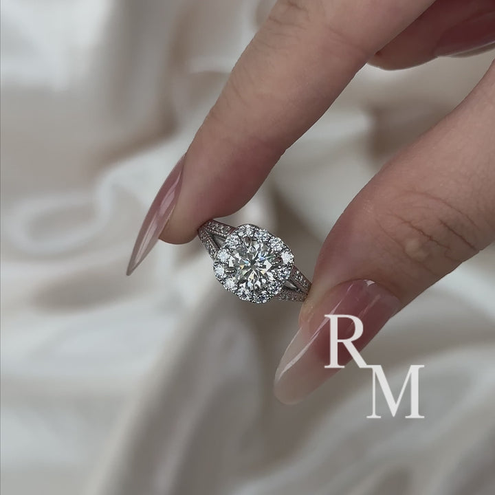 Moissanite 1.2Ct Halo Round Cut Split Shank White Gold Promise Ring For Women