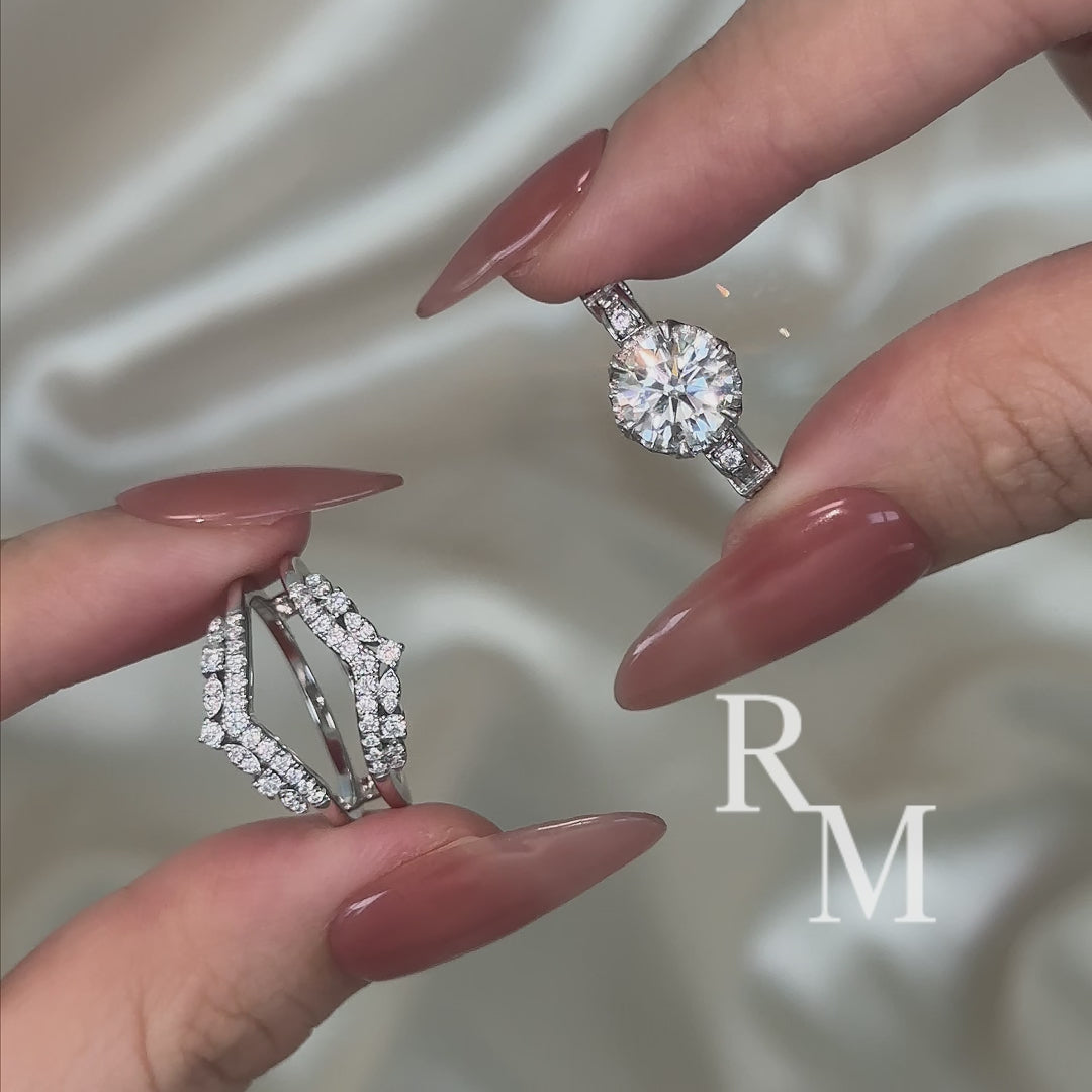 Rodiffy Moissanite 2.0Ct Round Cut Engagement Ring with 1.65Ct Enhancer Wedding Band