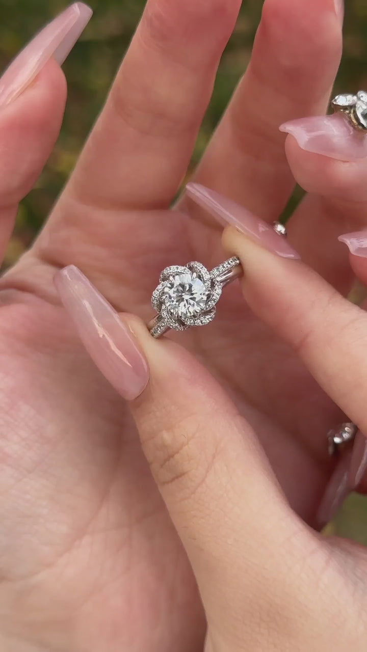 Rodiffy Moissanite 1.0Ct Round Cut Twist Flower Design Engagement Ring