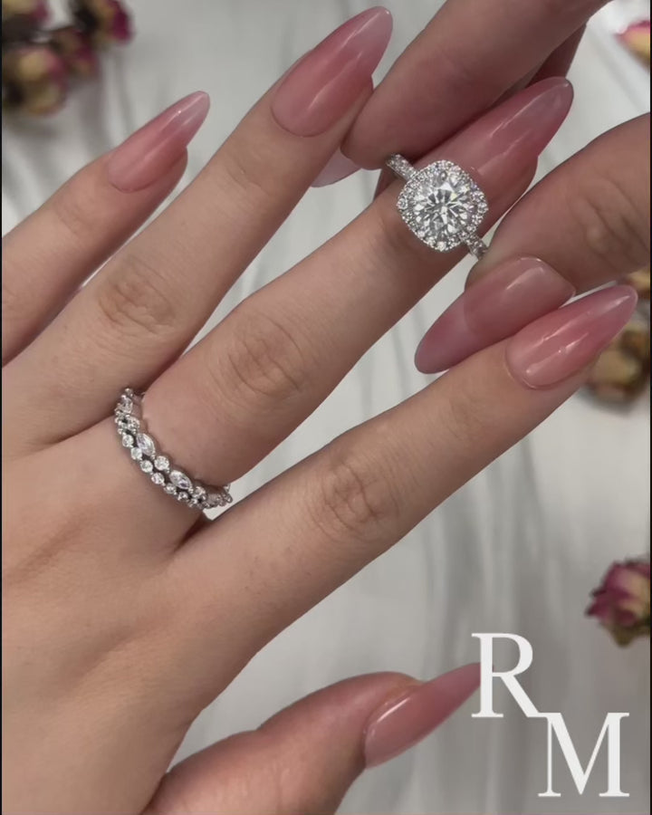 Moissanite 2.0Ct Halo Round Cut White Gold Promise Ring With Round Cut &amp; Marquise Cut Anniversary Ring