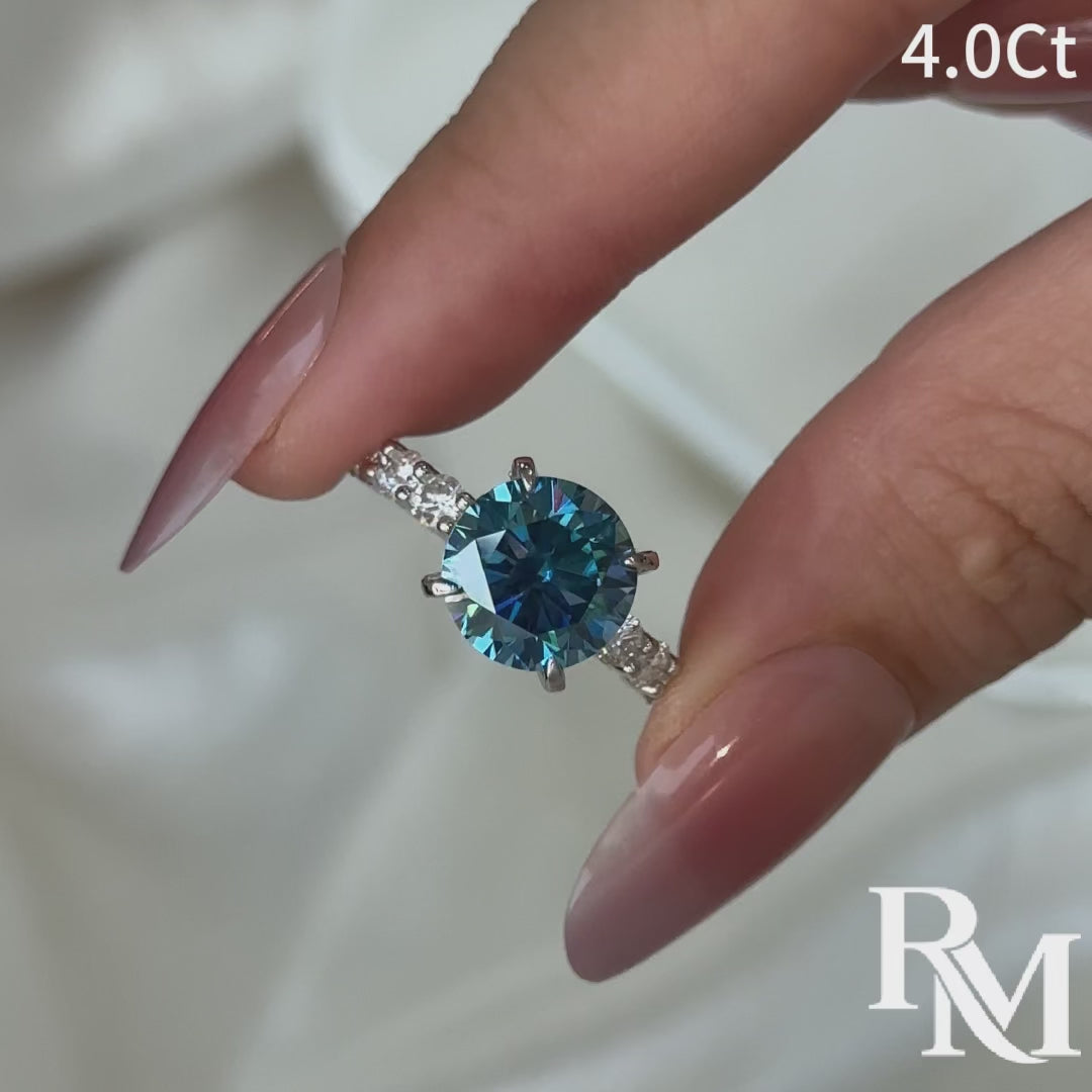 S925 Moissanite 4.0Ct Blue Round Cut White Gold Engagement Ring Travel Ring For Women