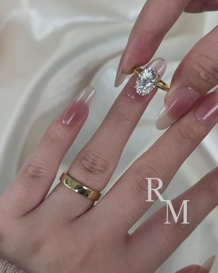 Moissanite 4.0 Ct Solitaire Oval Cut Yellow Gold Wedding Ring Set with Wide Band