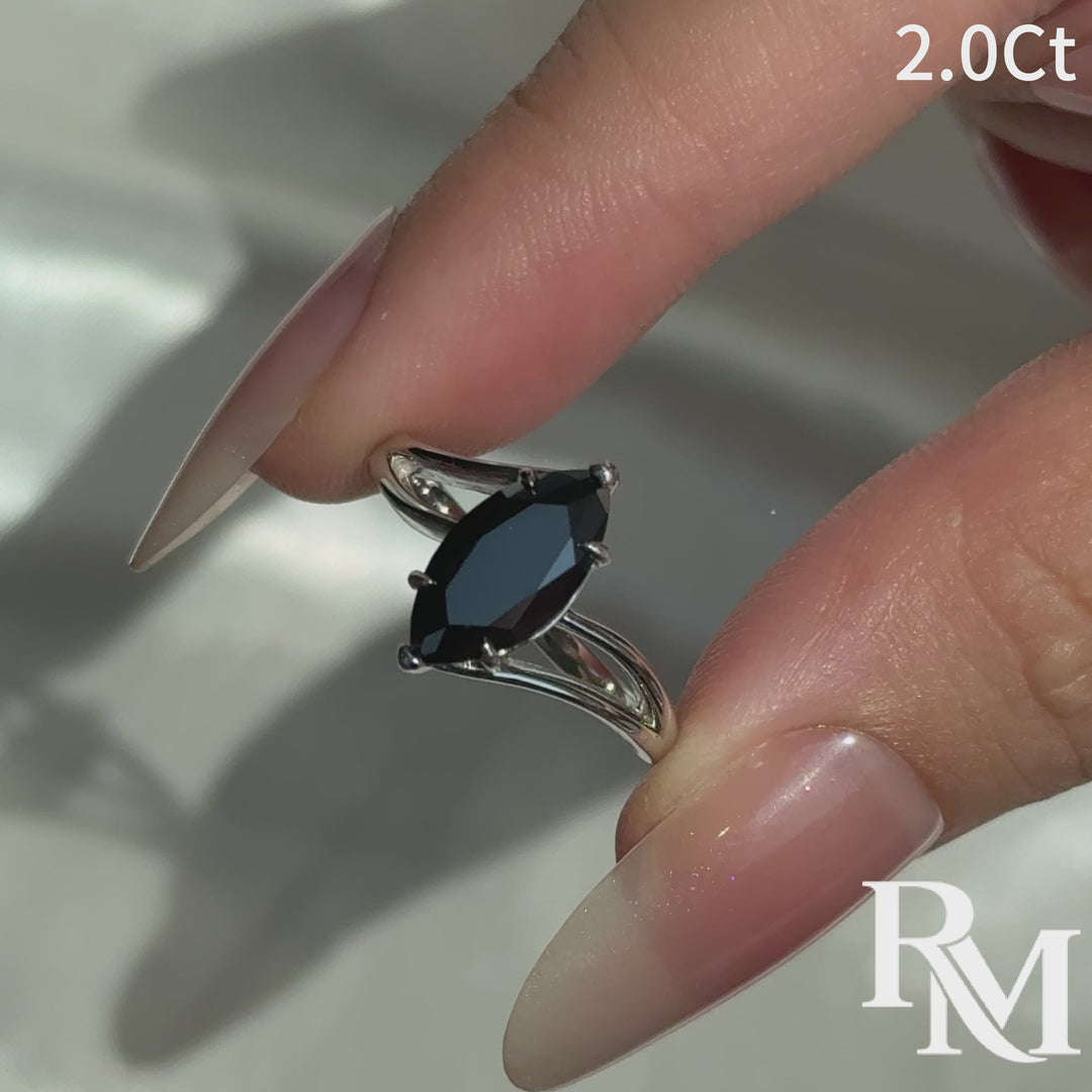 Moissanite 2.0Ct Marquise Cut Split Shank Slitaire Black Stone Travel Ring For Women