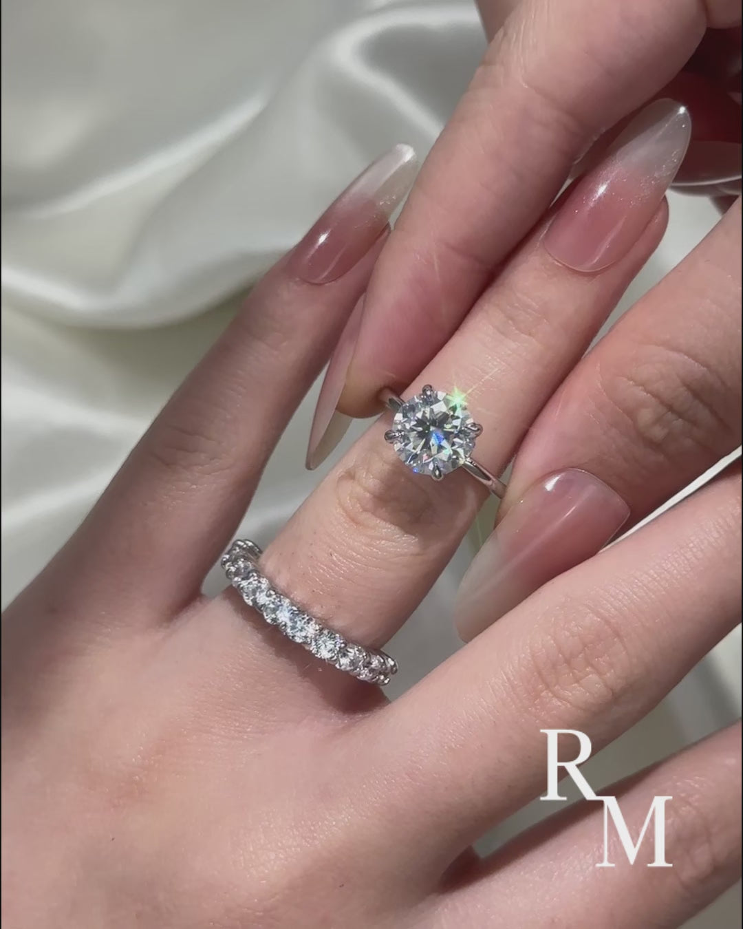 Moissanite 3.0 Ct Round Cut Engagement Ring with Half Round Cut Wedding Band