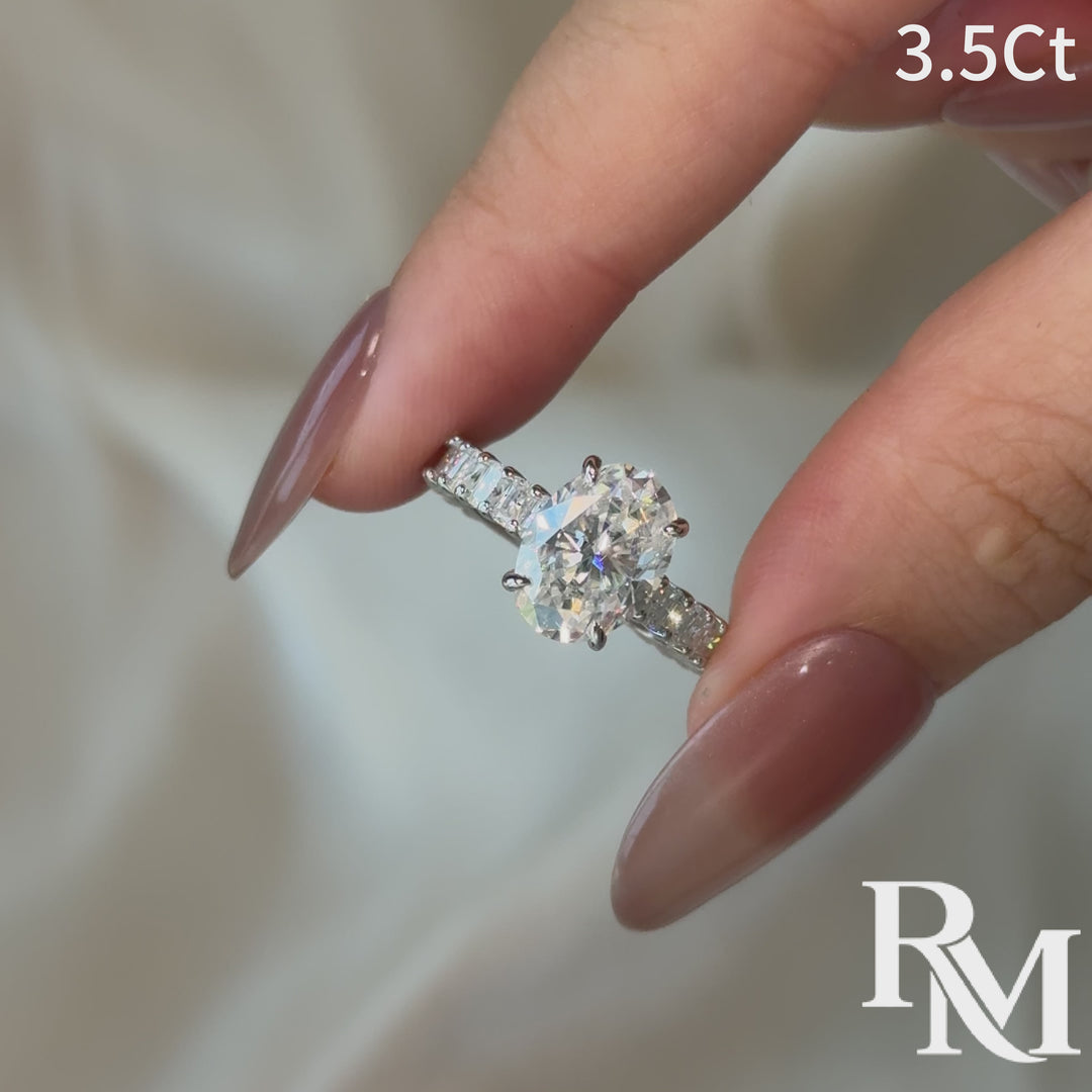 Moissanite 3.5Ct Oval Ring With Hidden Sparkle & Side Stones In Sterling Silver