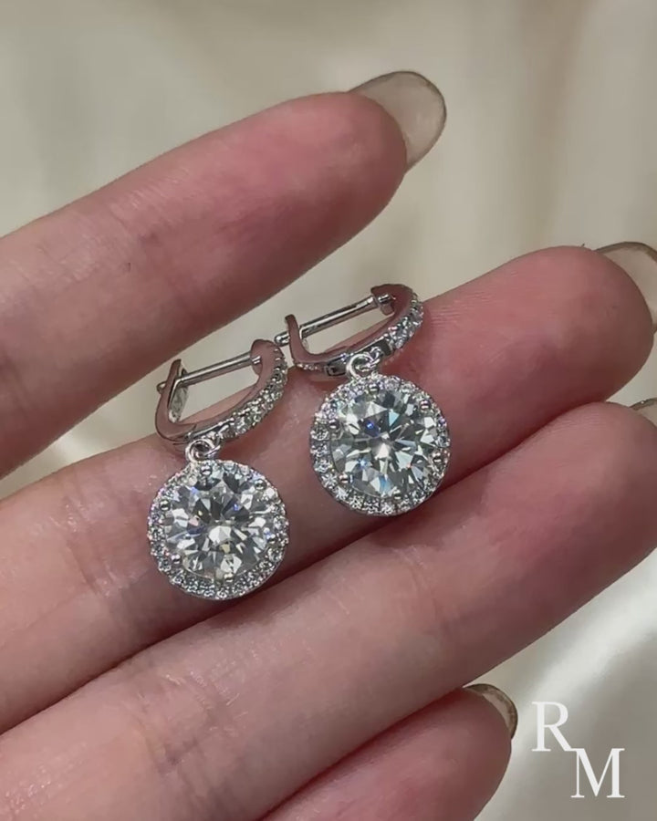 Moissanite 2.0Ct*2 Classic Halo Round Cut Drop Earrings In Sterling Silver