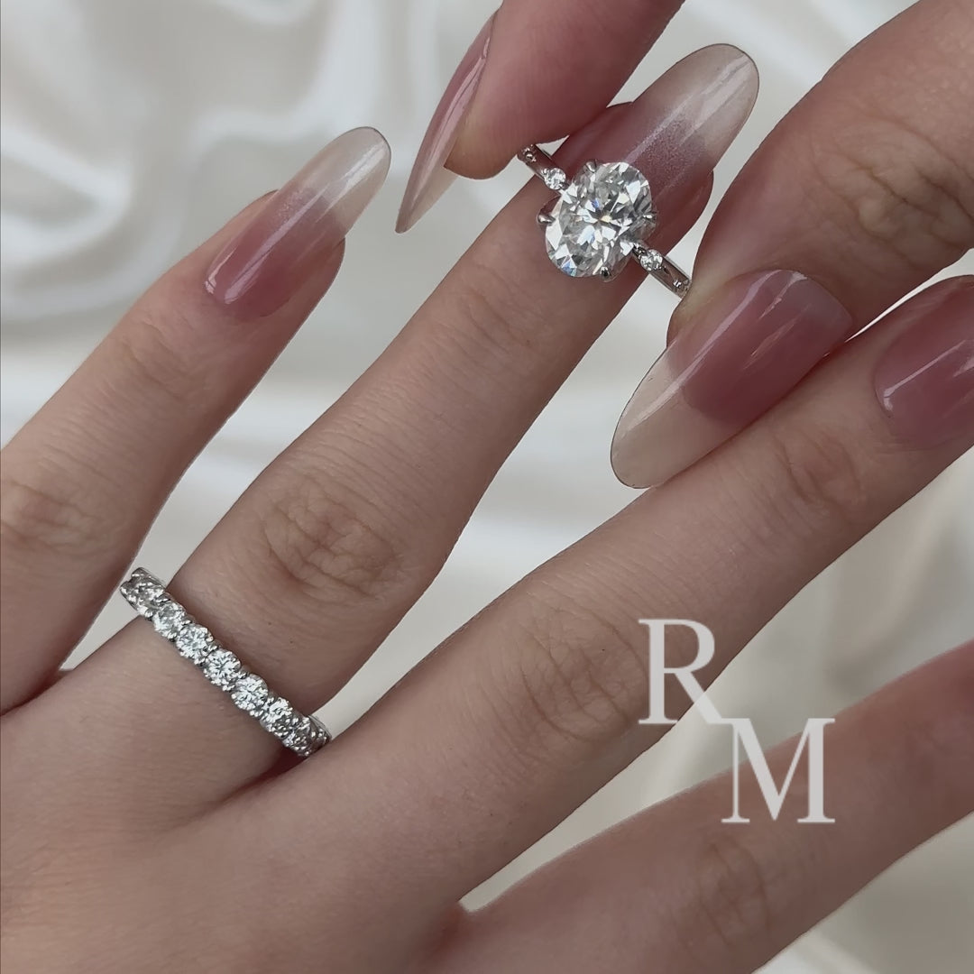 Moissanite 3.0Ct Oval Cut/Cushion Cut Side Stone White Gold Engagement Ring with Pavé Eternity Ring