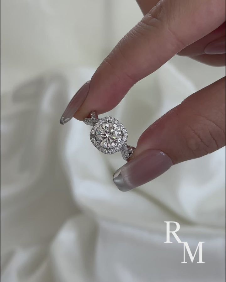 Moissanite 2.0Ct Halo Round Cut Twist White Gold Engagement Ring