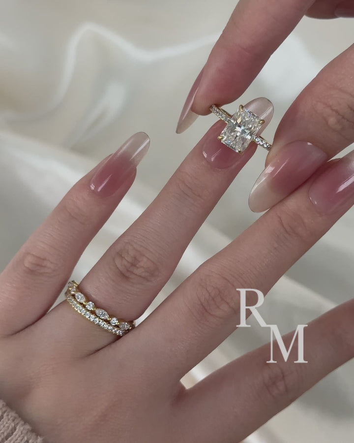 3.5 Ct Radiant Cut Yellow Gold Moissanite Diamond Wedding Ring with Round &amp; Marquise Accents Bands
