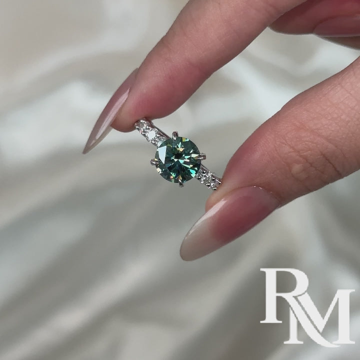 S925 Green Moissanite 3.0Ct Round Cut 18K White Gold Engagement Ring/Wedding Sets