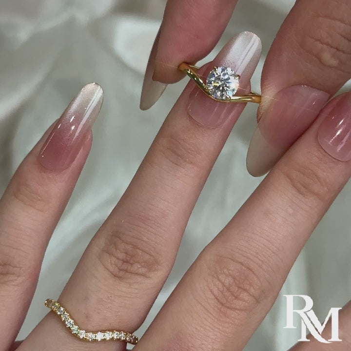 S925 Moissanite 1.0Ct Round Cut Promise Ring & V-Shaped 0.25Ct Band Stackable Bridal Ring Set