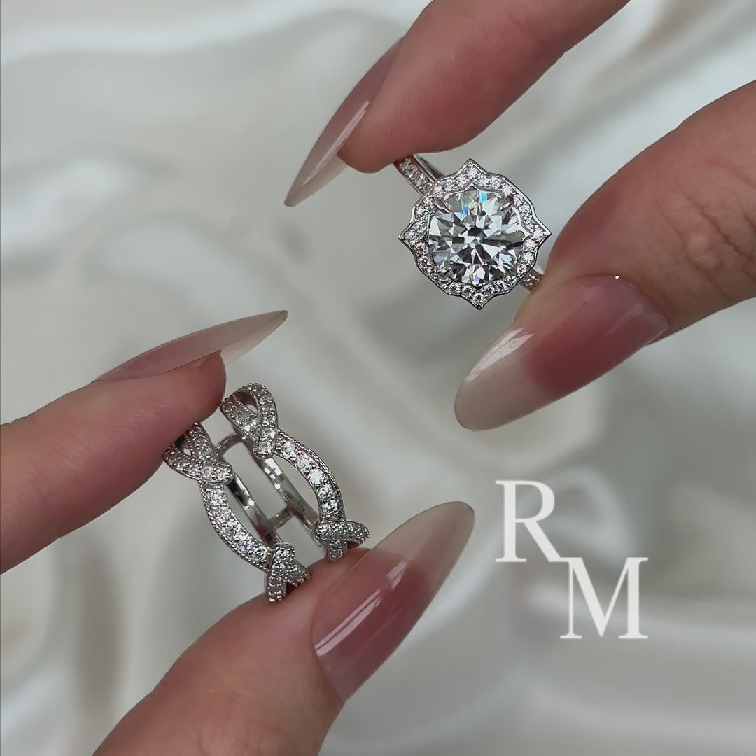 Moissanite 3.0Ct Halo Round Cut White Gold Stack Wedding Ring with Enhancer Wedding Band