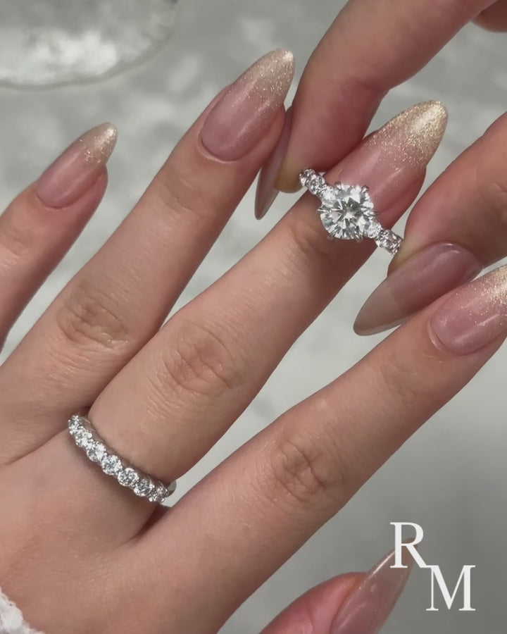 Moissanite 2.0 Ct 6 Prong Round Cut White Gold Engagement Ring with Seven Stone Low Dome Basket Anniversary Ring