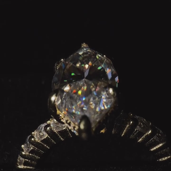 S925 Moissanite 3.0 Ct White &Green Marquise Cut Side Stone Yellow Gold Engagement Ring