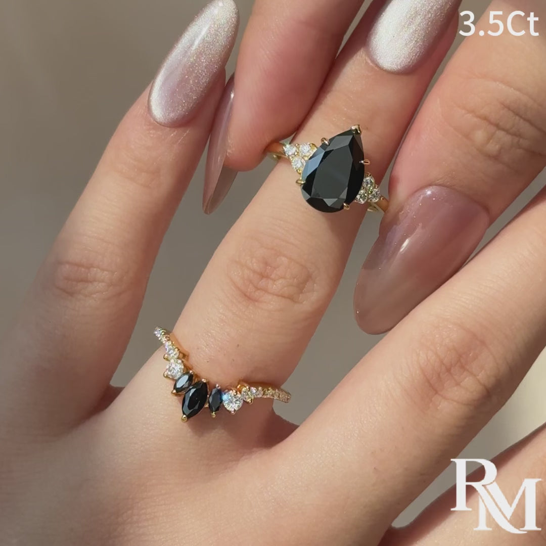 Moissanite 3.5Ct Pear Cut Black Stone & White Side Stones Stackable Travel Ring For Women