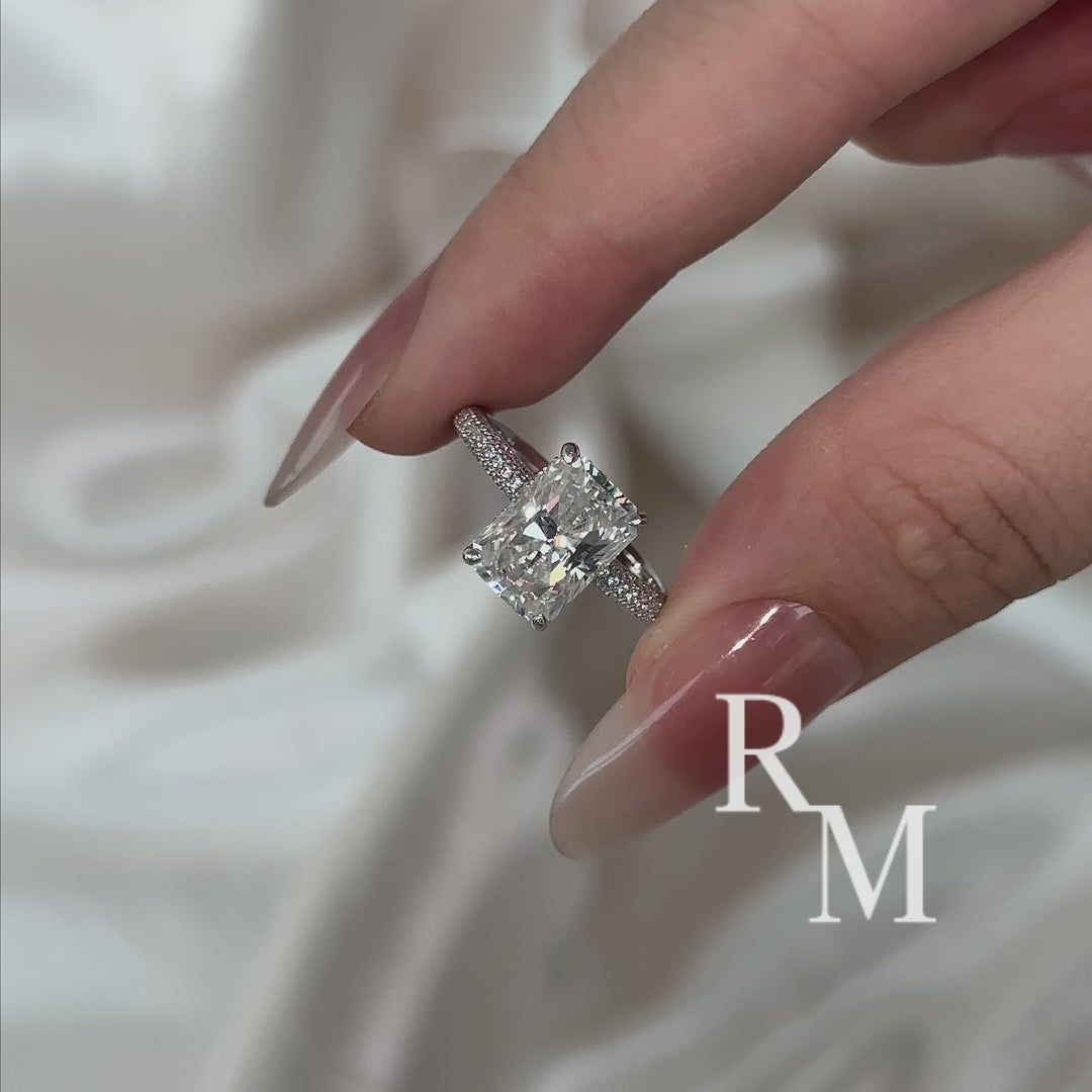 Moissanite Triple Row Pavé 3.5Ct Radiant Cut White Gold Engagement Ring