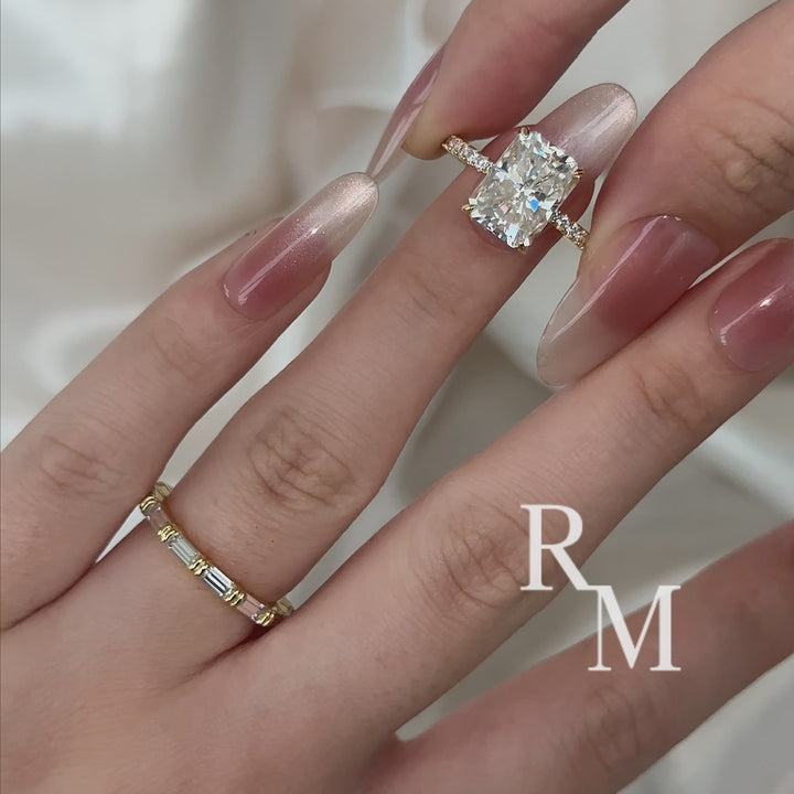 Moissanite 4.5Ct Radiant Cut Yellow Gold  Wedding Ring with Emerald Cut Wedding Band