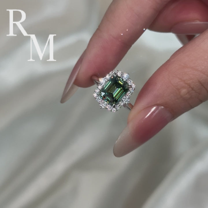 Moissanite 3.0Ct Halo Emerald Stone Emerald Cut Engagement Ring in Sterling Silver