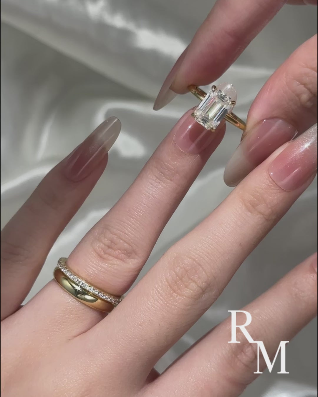 Moissanite 3.5 Ct Emerald Cut Yellow Gold Wedding Ring Set with Wide Band