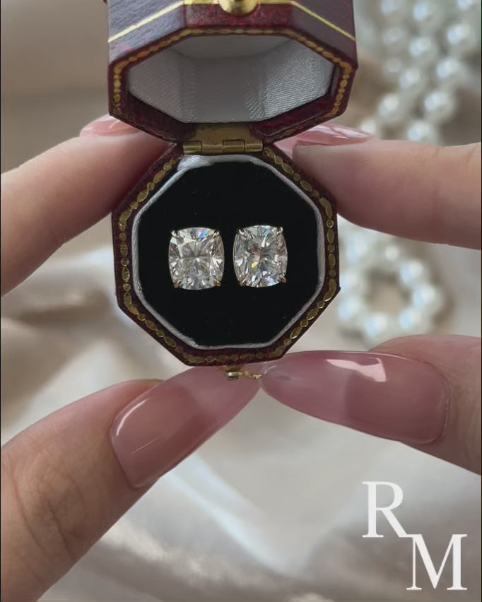 Rodiffy Moissanite 2.0 Ct*2 Diamond Yellow Gold 4 Prong Cushion Stud Earrings