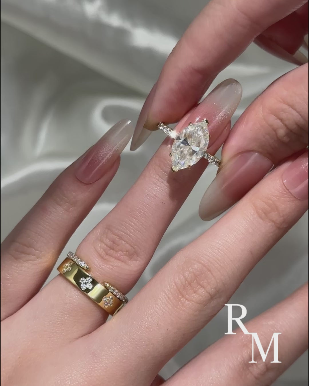 Moissanite 4.0Ct Marquise Cut Yellow Gold Open Clover Wide Wedding Ring