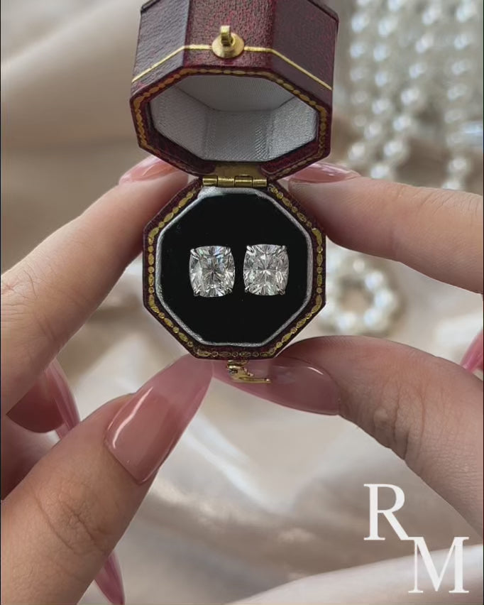 Rodiffy Moissanite 2.0 Ct*2 Diamond White Gold 4 Prong Cushion Stud Earrings