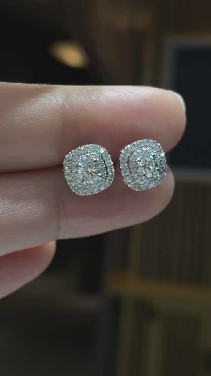 Moissanite 0.9Ct Double Halo Round Cut Stud Earrings In Sterling Silver