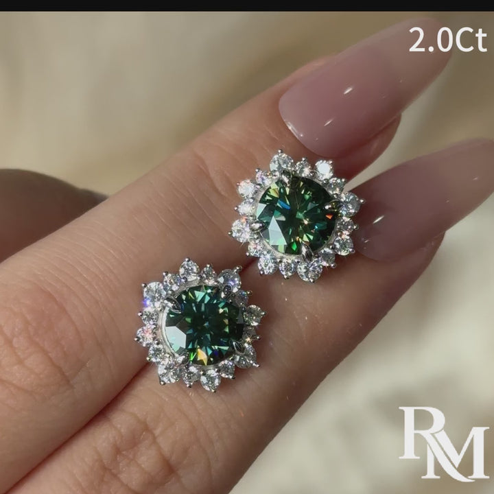 Moissanite 2.0Ct*2 Round Halo Green Stone Stud Earrings