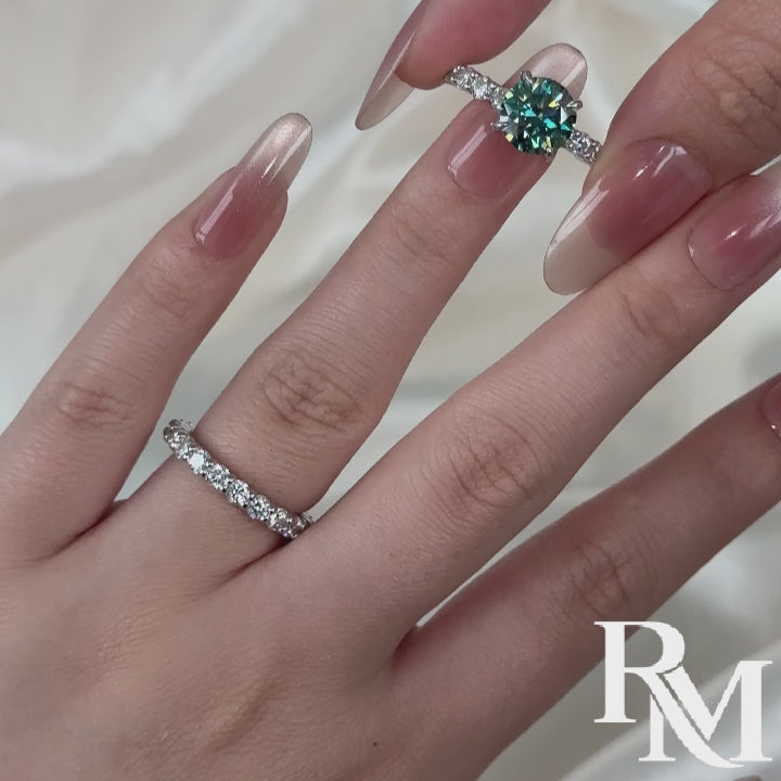 S925 Green Moissanite 3.0Ct Round Cut 18K White Gold Engagement Ring/Wedding Sets