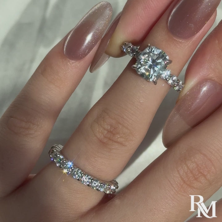 Rodiffy Moissanite 3.0Ct Cushion Cut Side Stone White Gold Engagement Ring with Pavé Eternity Ring