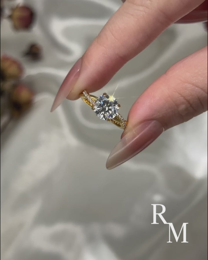 Rodiffy Moissanite 1.0Ct/1.2Ct/2.0 Ct Twist Yellow Gold Pave Promise Bridal Ring