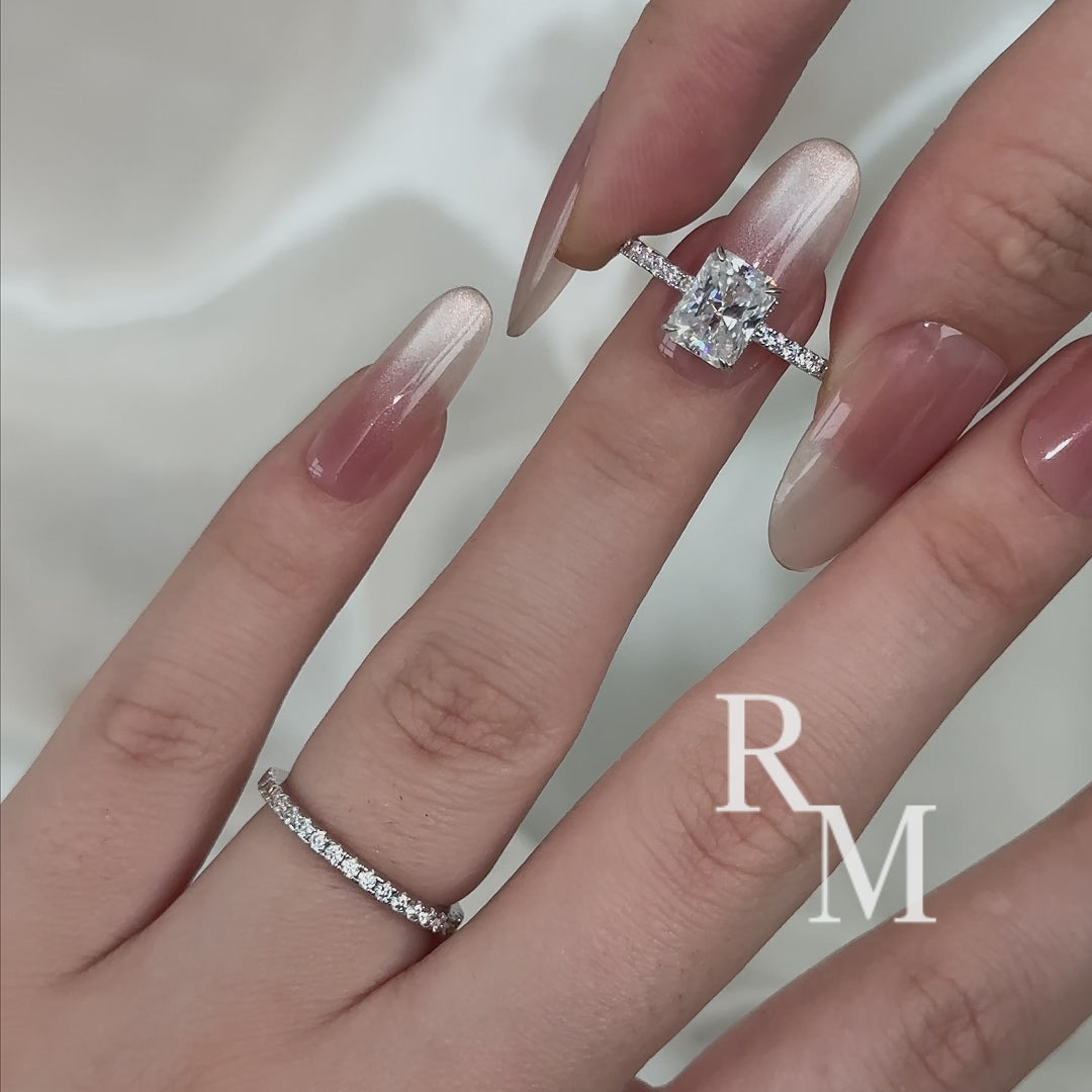 Rodiffy Moissanite S925 2.0Ct Radiant Cut Engagement Ring Set in Sterling Silver with Pave Wedding Band