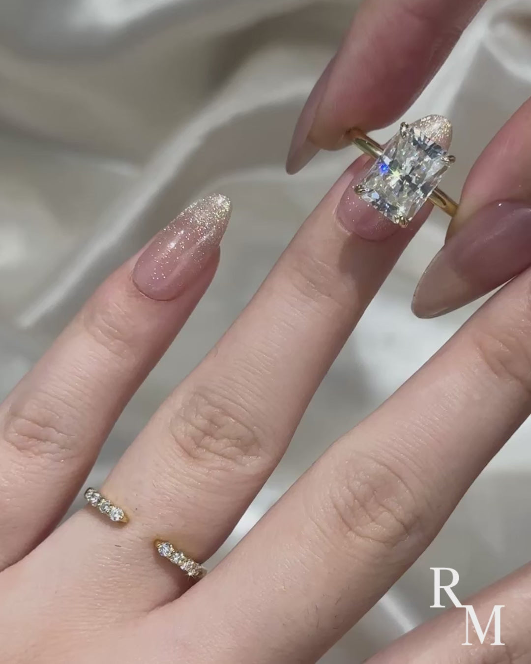 Moissanite 4.5 Ct Radiant Cut Yellow Gold Engagement Ring with Open Wedding Band