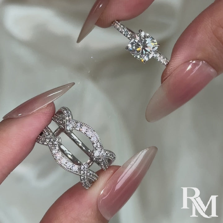 S925 Moissanite 2Ct Cushion Cut Wedding Ring & Twisted Pave 1.17Ct  Band 2PC Enhancer Bridal Ring Set