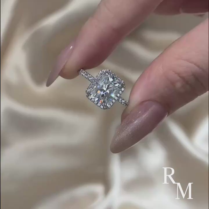 Rodiffy Moissanite 3.0 Ct Halo Radiant Cut White Gold Engagement Ring