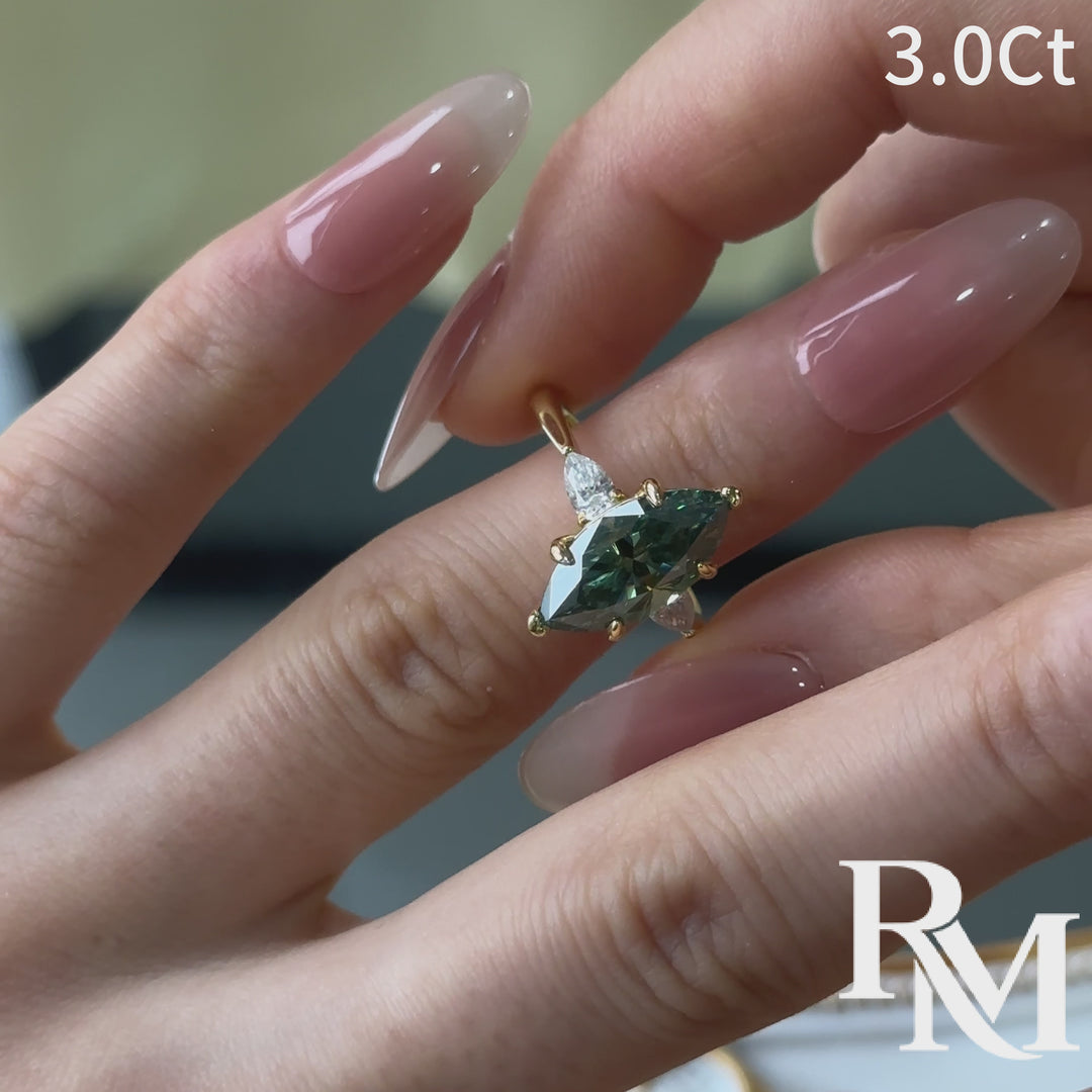 Three-Stone 3.0Ct Green Marquise Moissanite 18K Yellow Gold Plated Engagement Ring