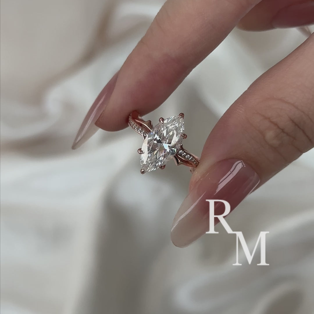 Moissanite 3.0Ct Marquise Cut Rose Gold Twist Engagement Ring In Sterling Silver