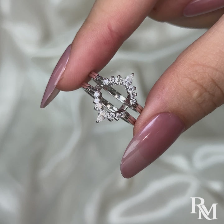 S925 Moissanite 0.75Ct Pear Cut & Round Cut Crown Open Wedding Band Stackable Enhancer Band