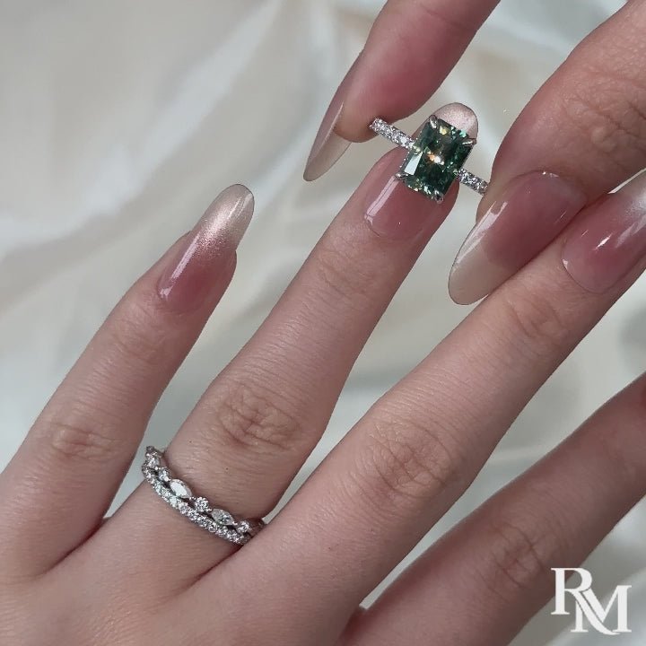 S925 Moissanite 3.5CT Radiant Cut Green Engagement Ring with Round & Marquise Accents Bands
