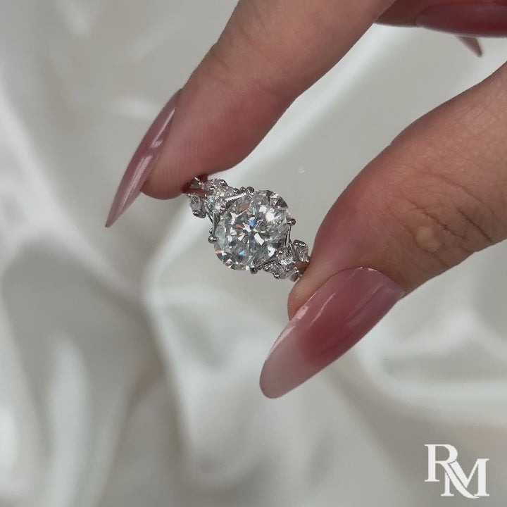 S925 Vintage Moissanite 3.0Ct Oval Cut Side Stone Twist Engagement Ring in 18K White Gold Sterling Silver