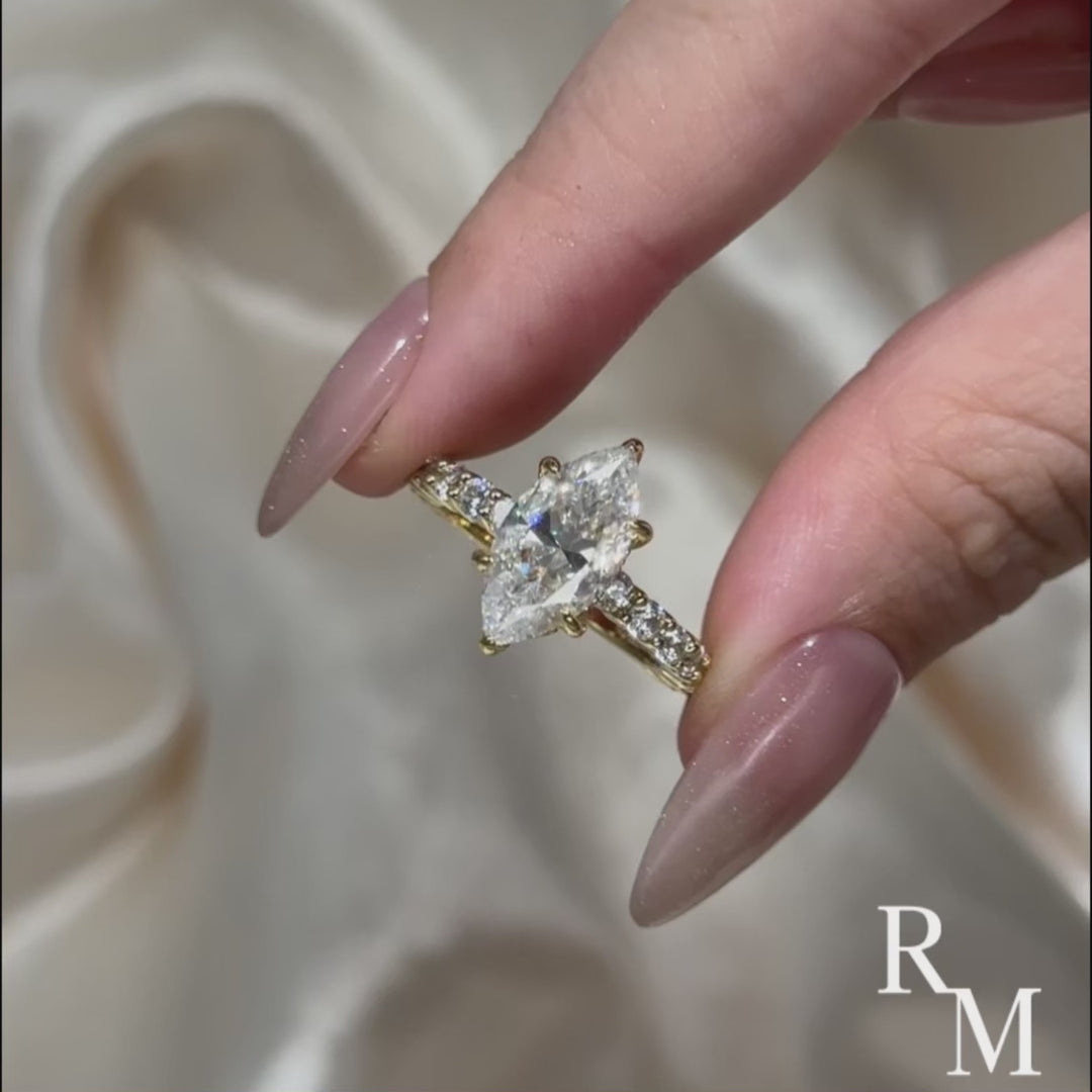 Moissanite 3.0Ct White Marquise Cut Side Stone 18K Gold Plated Engagement Ring