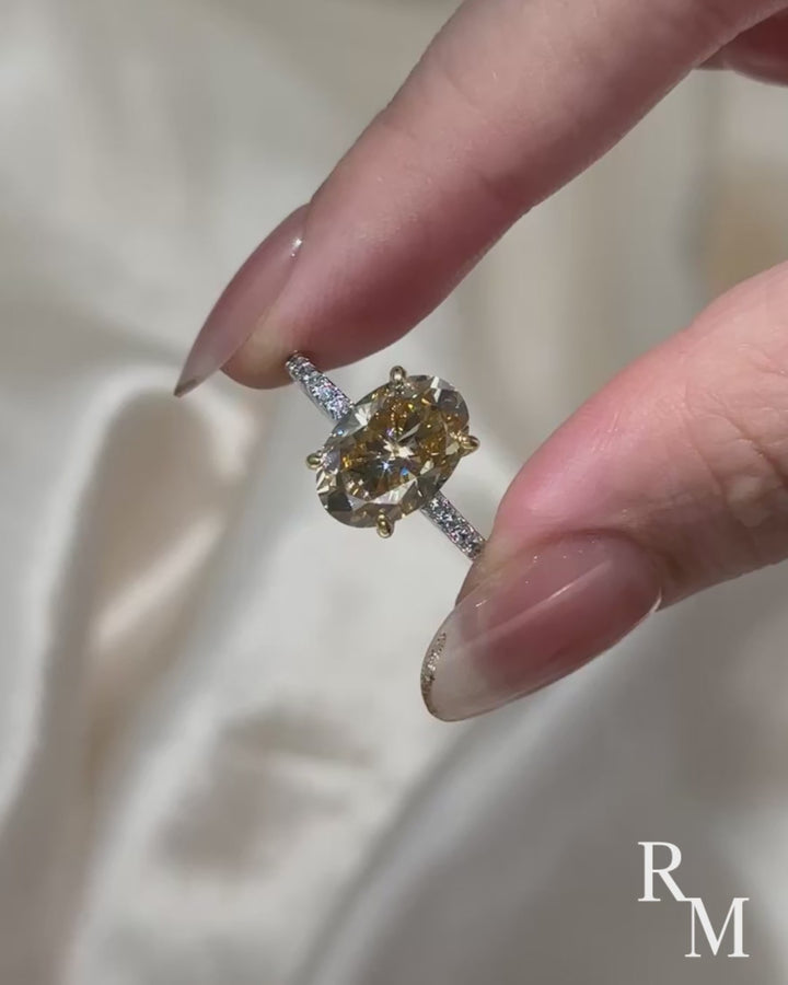 Moissanite 4.0Ct Oval Cut Champagne Hidden Halo Two-Tone Engagement Ring