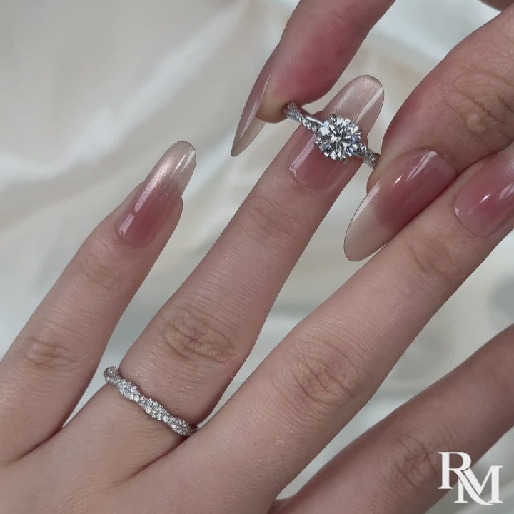 Rodiffy Moissanite Twist 1.2Ct Round Cut 18K White Gold Pave Engagement Ring with Twist Wedding Band
