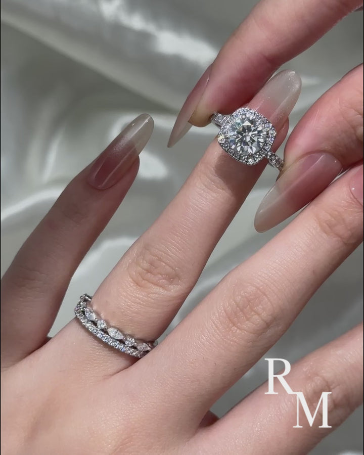 Moissanite 2.0Ct Halo Round Cut White Gold Promise Ring With Round Cut &amp; Marquise Cut Anniversary Ring