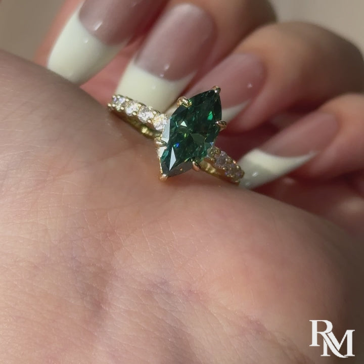 S925 Moissanite 3.0 Ct White &Green Marquise Cut Side Stone Yellow Gold Engagement Ring